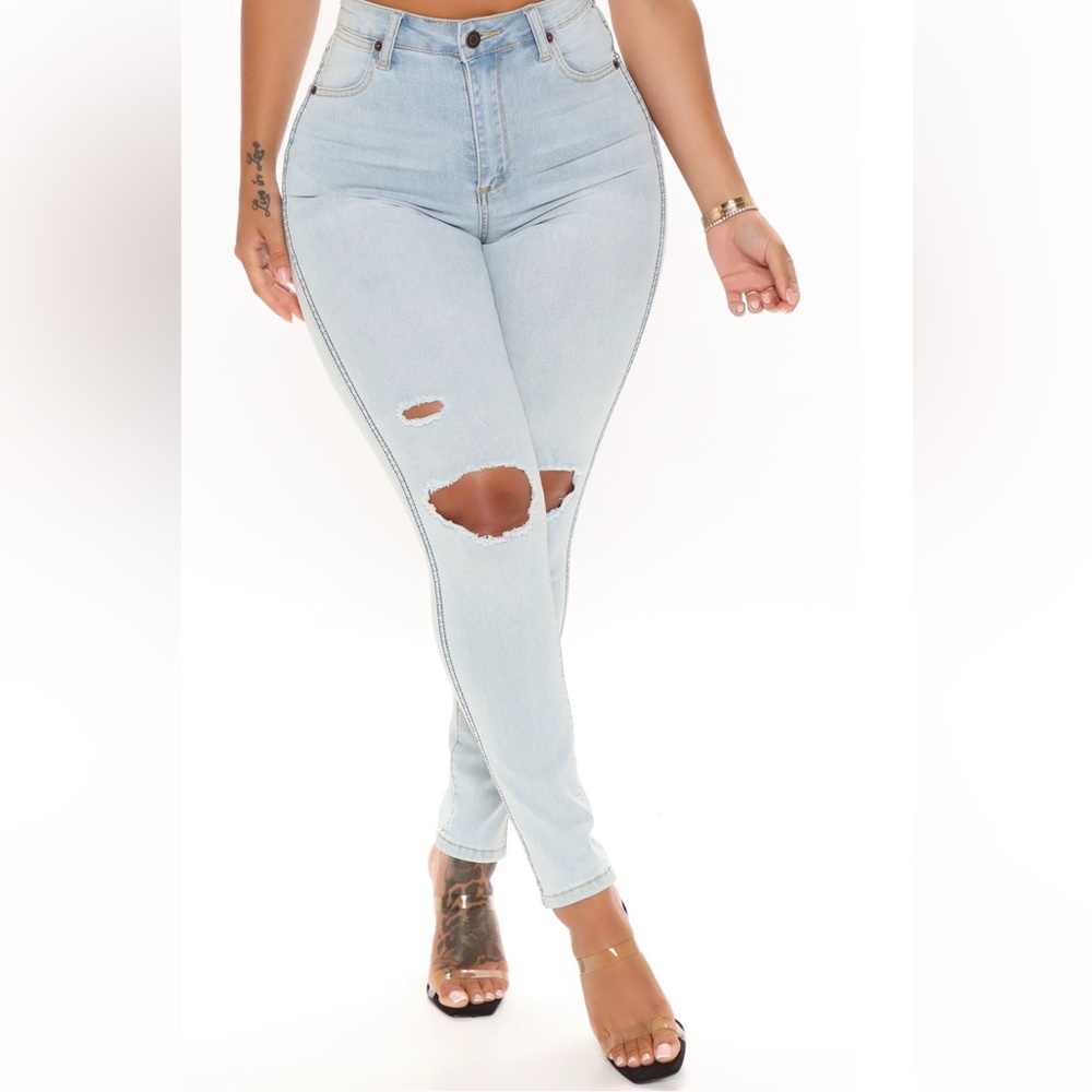 Take It Easy Ripped Skinny Jeans- Light Blue Wash